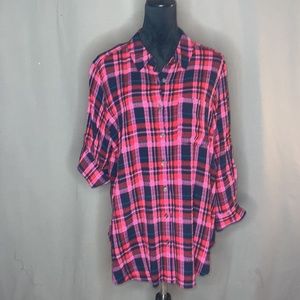 1X Intro Plaid Print Puckered Woven Long Roll-Tab Sleeve Button-Down Shirt